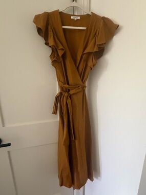 Madewell Golden Brown Wrap Midi Dress with Ruffle Sleeves